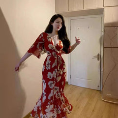 Plus Size Red For Women Printed V-neck Dress