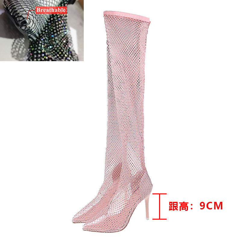 Pointed Stiletto Net Stockings Hollow Rhinestone Socks Boots Ankle Boots Cool