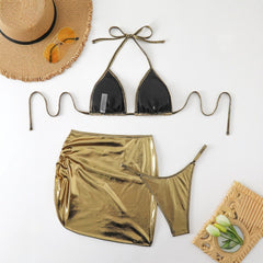 Women's Bronzing Fabric Top Halter Strap Swimsuit Set