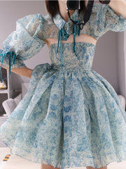 French Blue Floral Dress Female Celestial