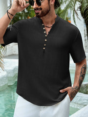 Summer Deep V-neck Multi-button Cotton And Linen Casual Shirt Men's Short Sleeve