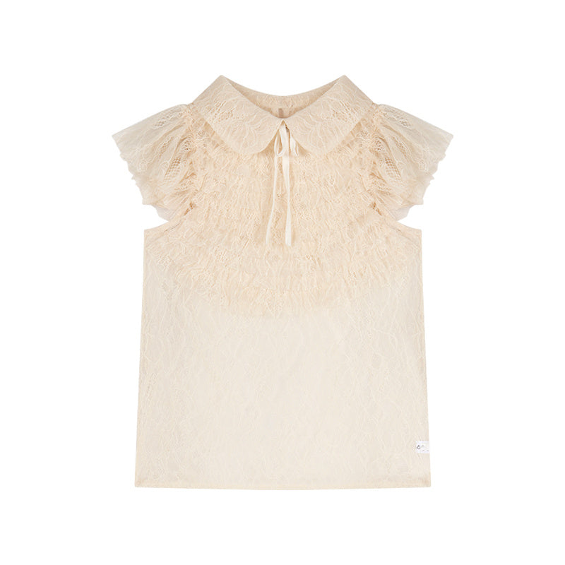 French Style Bow Lapel Chiffon Short Sleeve Shirt