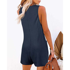 Women's Button Front Romper Jumpsuit With Pockets Casual Solid Color Sleeveless Summer Jumpsuit