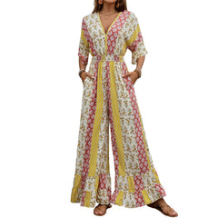 Summer New Bohemian Style Printed Retro Style High Waist One-piece Trousers For Women