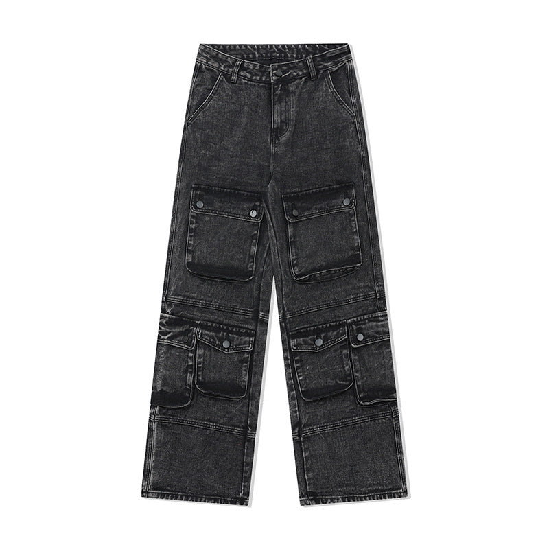 Distressed Heavy Washed Multi-pocket Jeans
