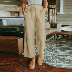 Lace-up Solid Color Nine-Point Wide-Leg Pants Women Loose Simple Casual Pants