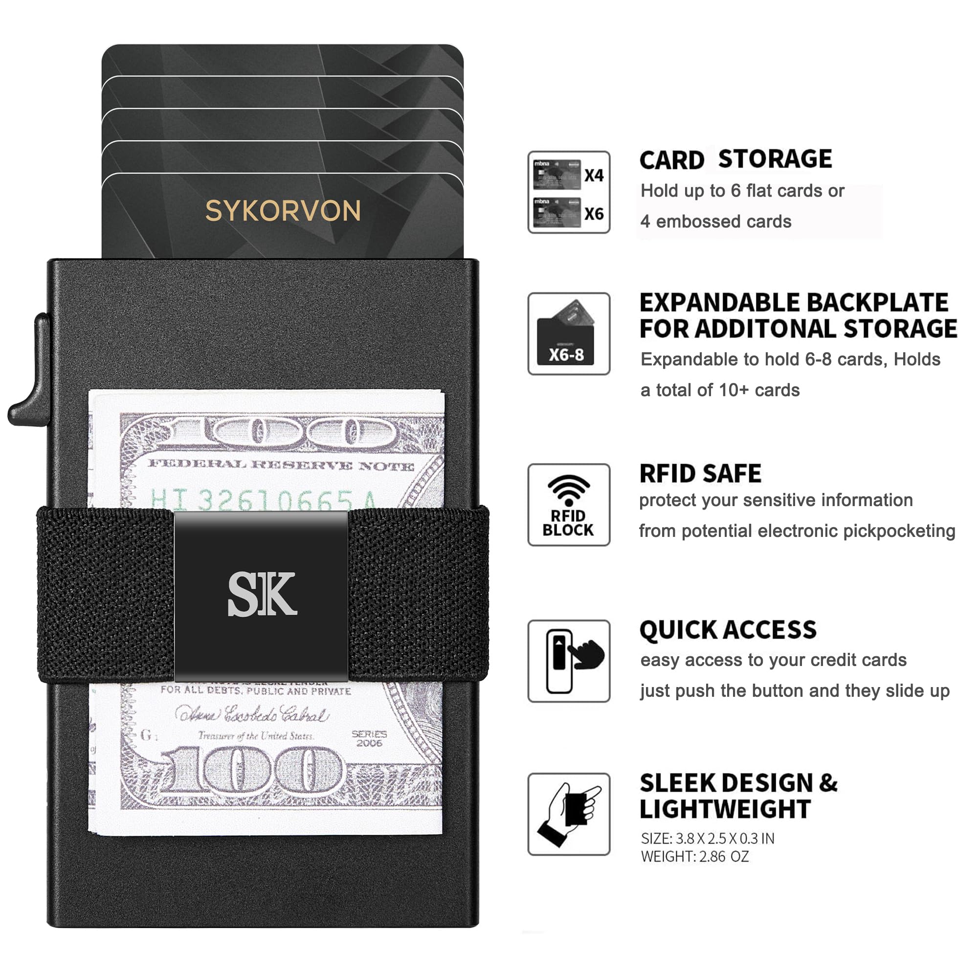 RFID blocking slim metal wallet for men – rubber cash strap close-up view