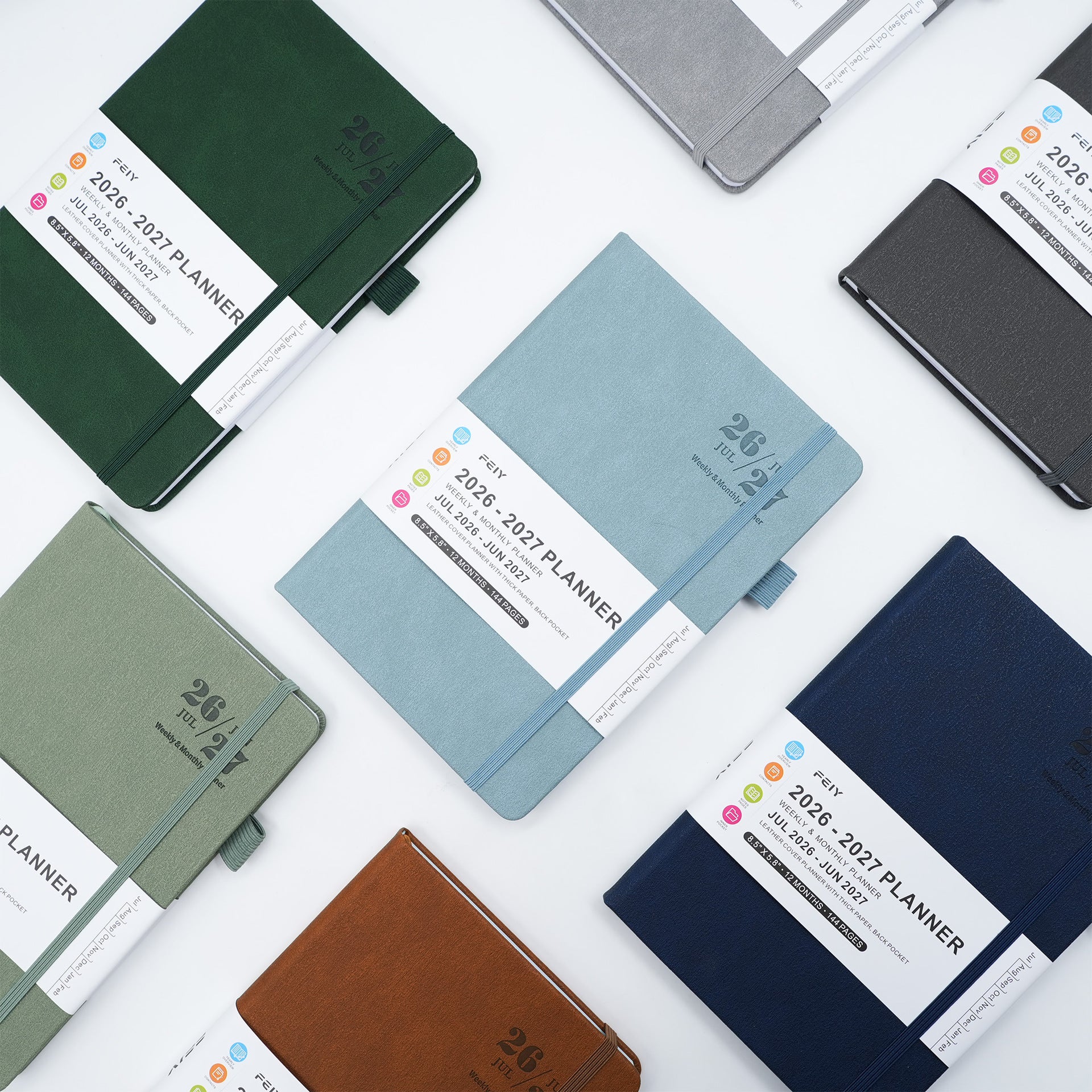 2026 2027 weekly planner notebook – light green brown haze blue colors