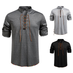 Drawstring Design Men's Stand-up Collar Long Sleeve T-shirt