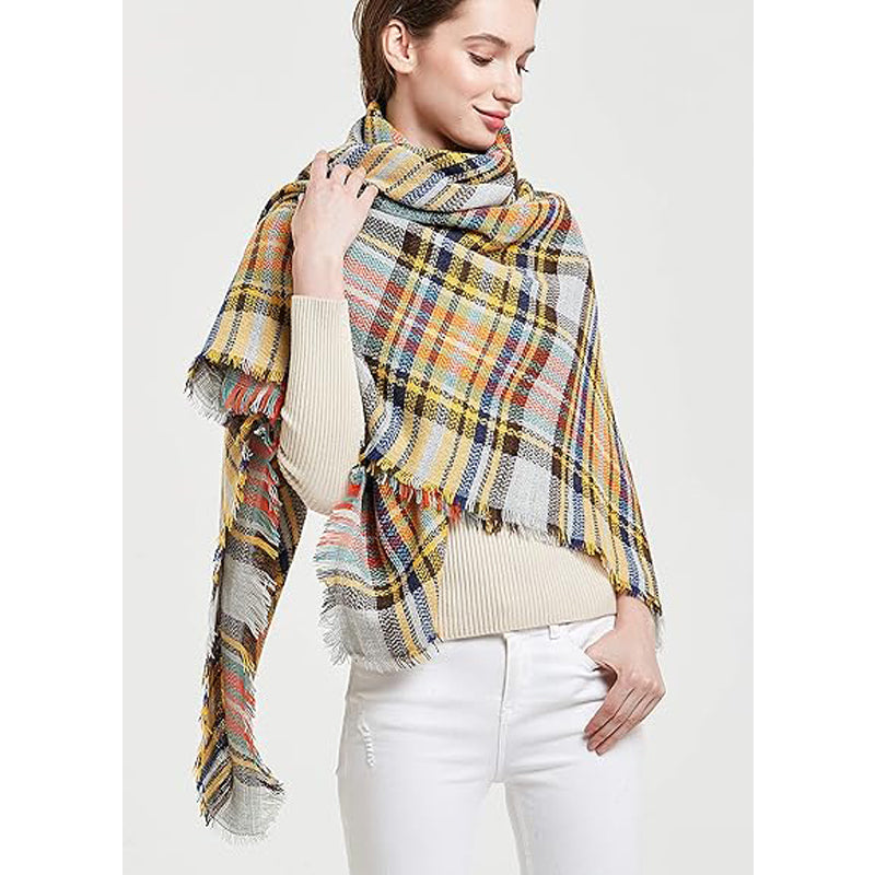 59 X 59in Yellow Blue Womens Fall Winter Scarf Plaid Tassel Soft Warm Blanket Scarves Womens Shawl Wraps