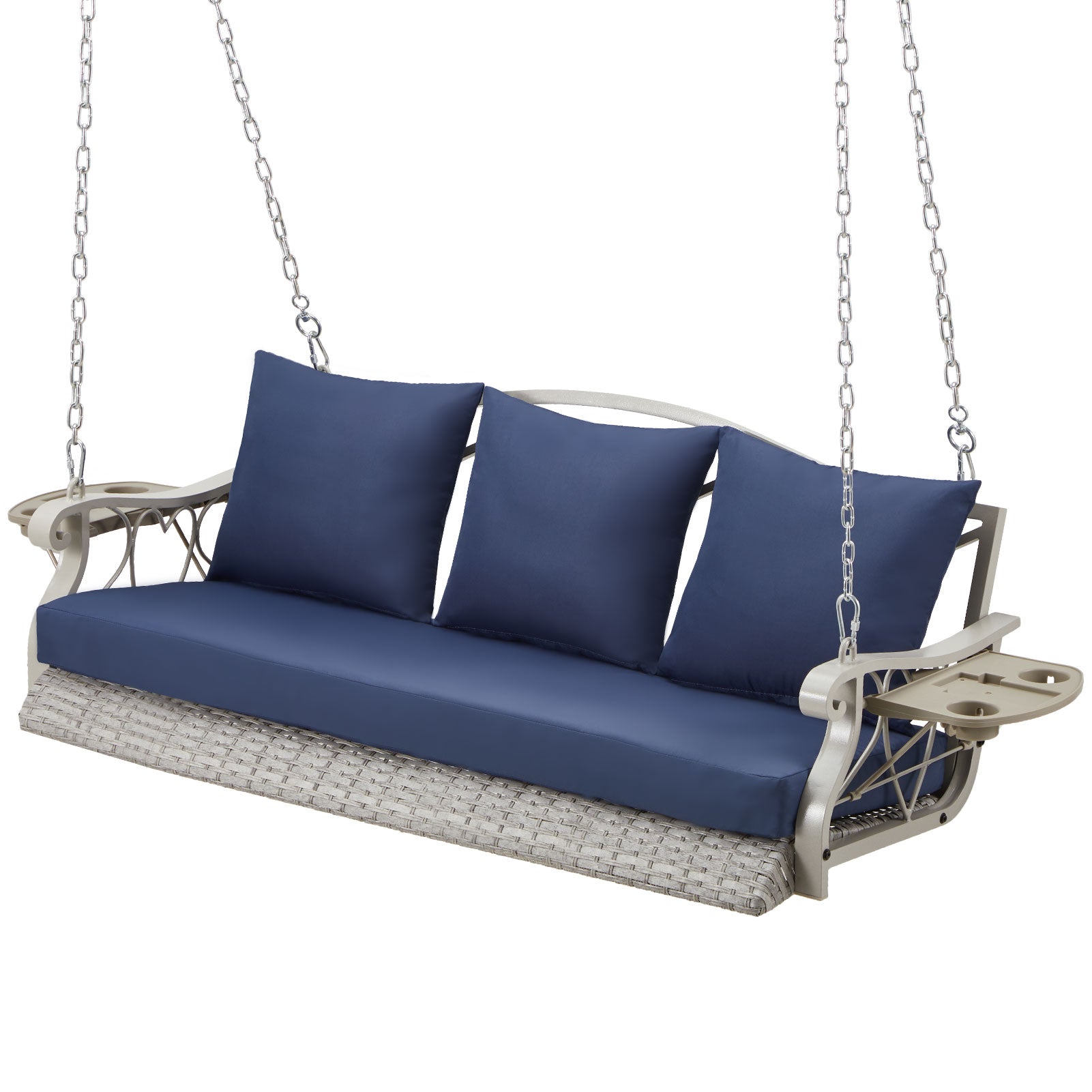 Outdoor porch swing with cushions – PE rattan weave texture close-up