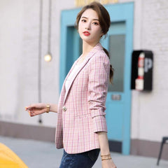 Korean Style British Casual Plaid Short Suit worn by a model outdoors, showcasing a pink plaid blazer.