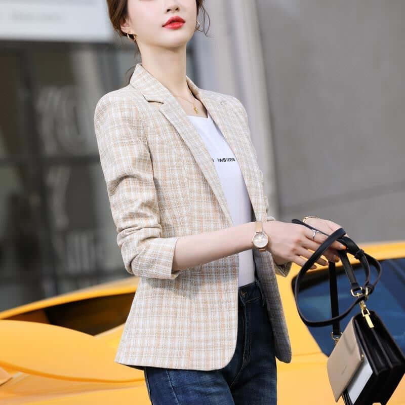 Korean Style British Casual Plaid Short Suit in a beige plaid pattern, model wearing it with a white top and jeans.