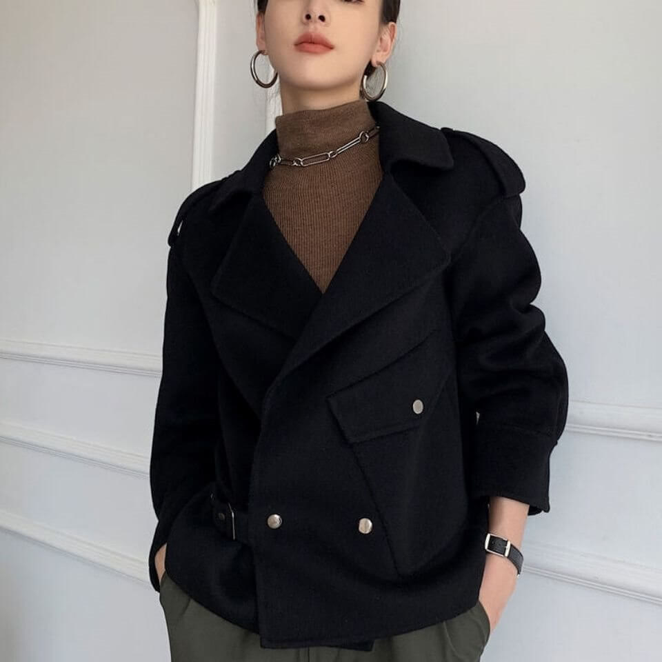 Korean Style Double-faced Woolen Goods Cashmere Coat in black, featuring a stylish design and casual appeal for women.