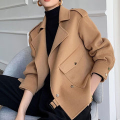 Korean Style Double-faced Woolen Goods Cashmere Coat in camel color with raglan sleeves and stylish buttons.
