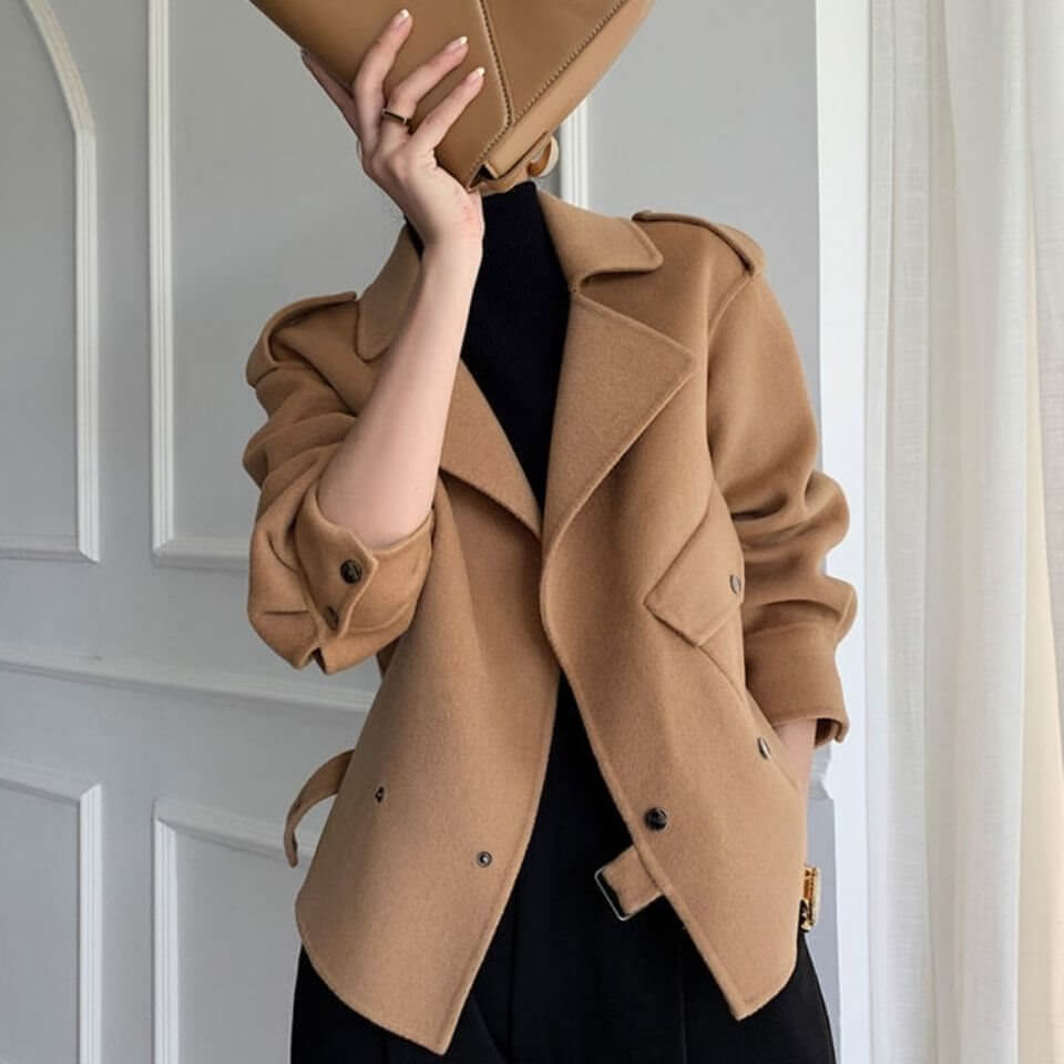 Korean Style Double-faced Woolen Goods Cashmere Coat in camel color with stylish design and half sleeves.