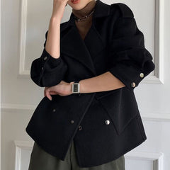 Korean Style Double-faced Woolen Goods Cashmere Coat in black worn by a model, showcasing a casual and stylish look.