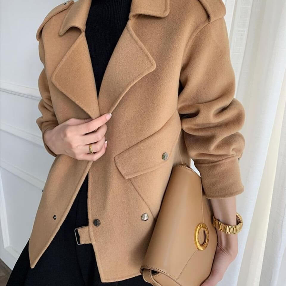 Korean Style Double-faced Woolen Goods Cashmere Coat in camel color worn by a female model, showcasing a chic casual look.