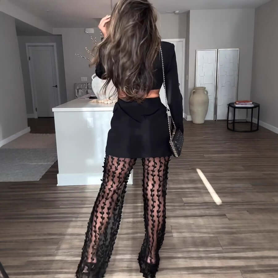 Long Sleeve Suit Midriff Outfit Two-piece Loose Women in black with sheer pants and long sleeves.