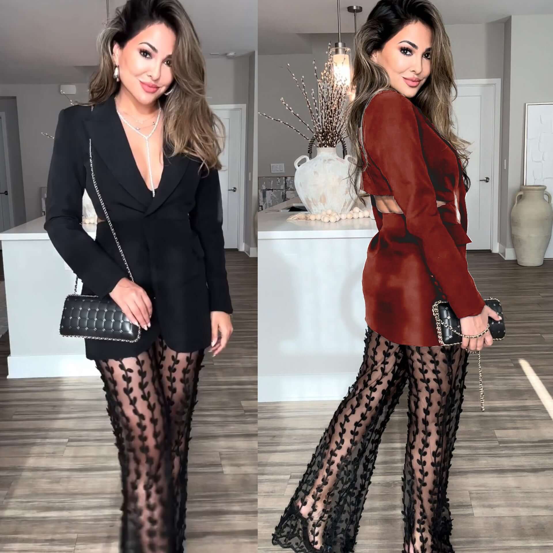 Long Sleeve Suit Midriff Outfit Two-piece Loose Women in black and wine red color options, showcasing stylish long sleeve designs.
