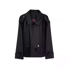 Loose Wide Retro British Trench Coat in black polyester fabric with regular long sleeves.