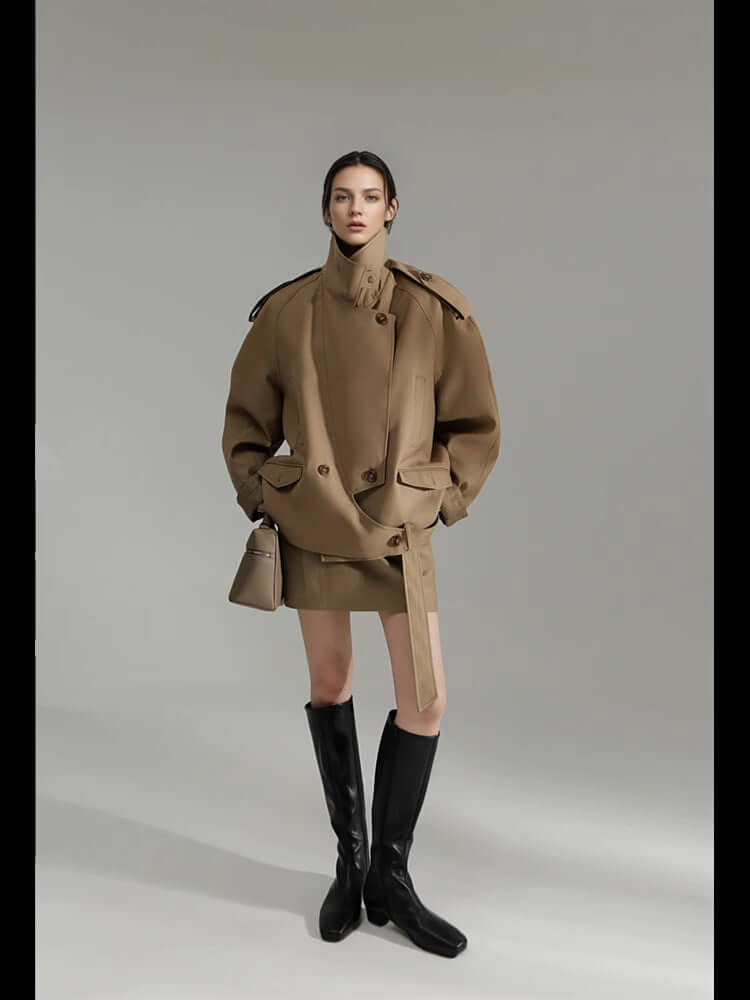 Loose Wide Retro British Trench Coat in khaki, showcasing oversized design with a stylish silhouette.