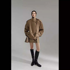 Loose Wide Retro British Trench Coat in khaki, styled with knee-high boots and a chic bag.