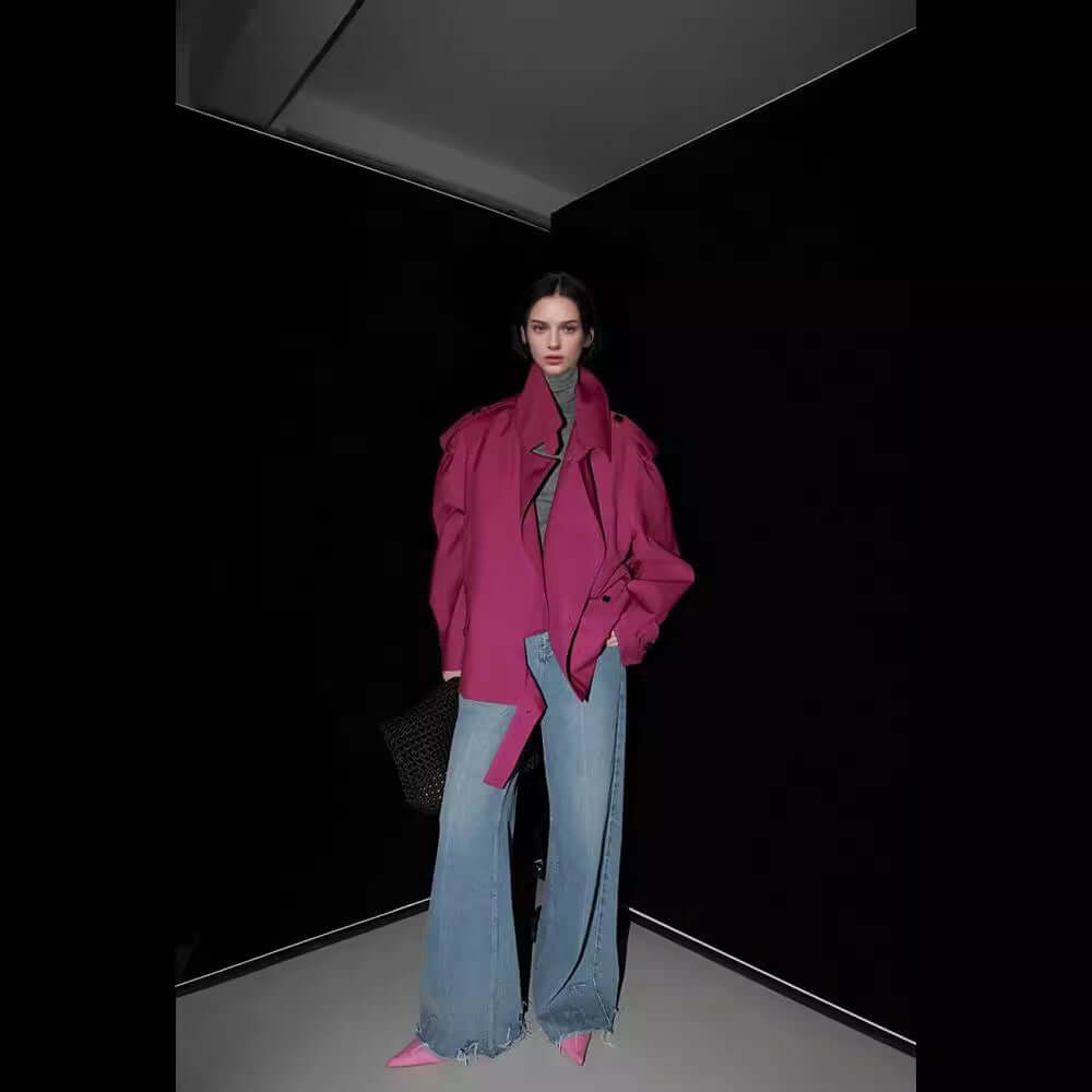 Loose Wide Retro British Trench Coat model wearing stylish outfit with pink jacket and wide-leg jeans.