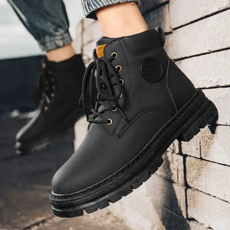 Mens High Top Leather Boots Anti Slip Outdoor Shoes
