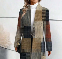 Printed Stand Collar Mid-length Long Sleeve Trench Coat in abstract pattern with long sleeves and stylish fit.
