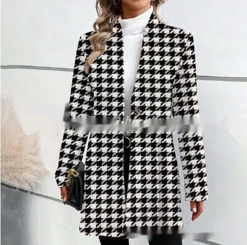 Printed Stand Collar Mid-length Long Sleeve Trench Coat in black and white houndstooth pattern on a female model.
