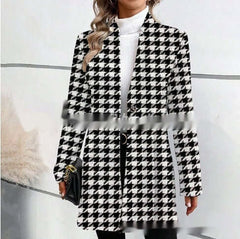 Printed Stand Collar Mid-length Long Sleeve Trench Coat in black and white houndstooth pattern on a female model.