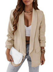 Temperament Professional Slim Fit Small Suit Jacket in beige worn casually with a white top and jeans.