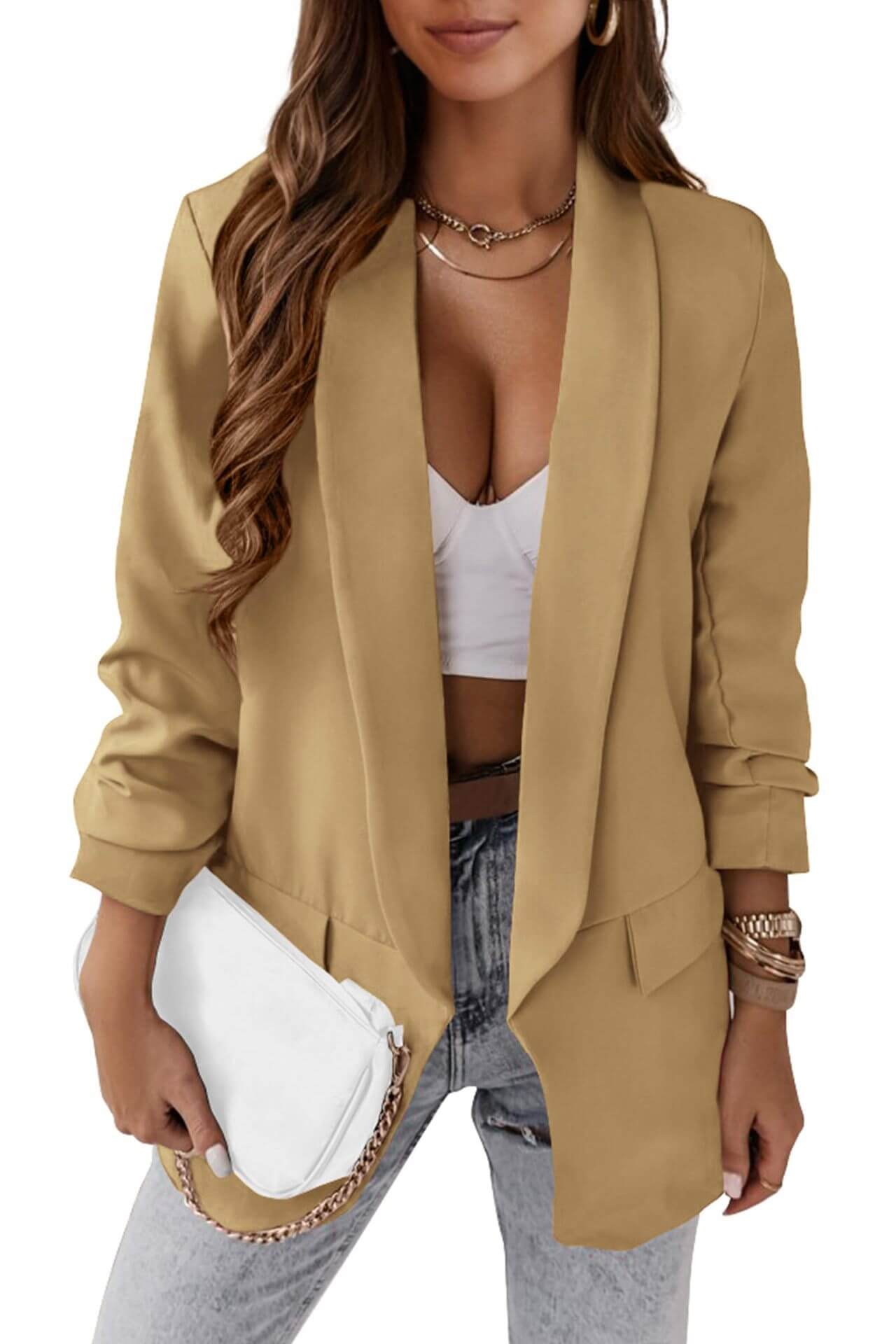 Temperament Professional Slim Fit Small Suit Jacket in elegant khaki color styled with jeans and a white clutch.
