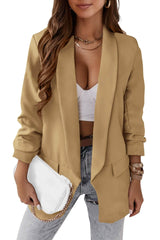 Temperament Professional Slim Fit Small Suit Jacket in elegant khaki color styled with jeans and a white clutch.