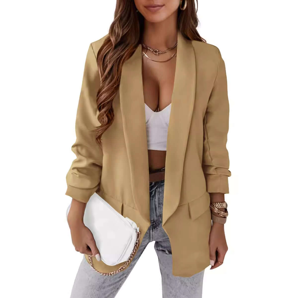 Temperament Professional Slim Fit Small Suit Jacket in beige, elegant long sleeve style, perfect for commuting.