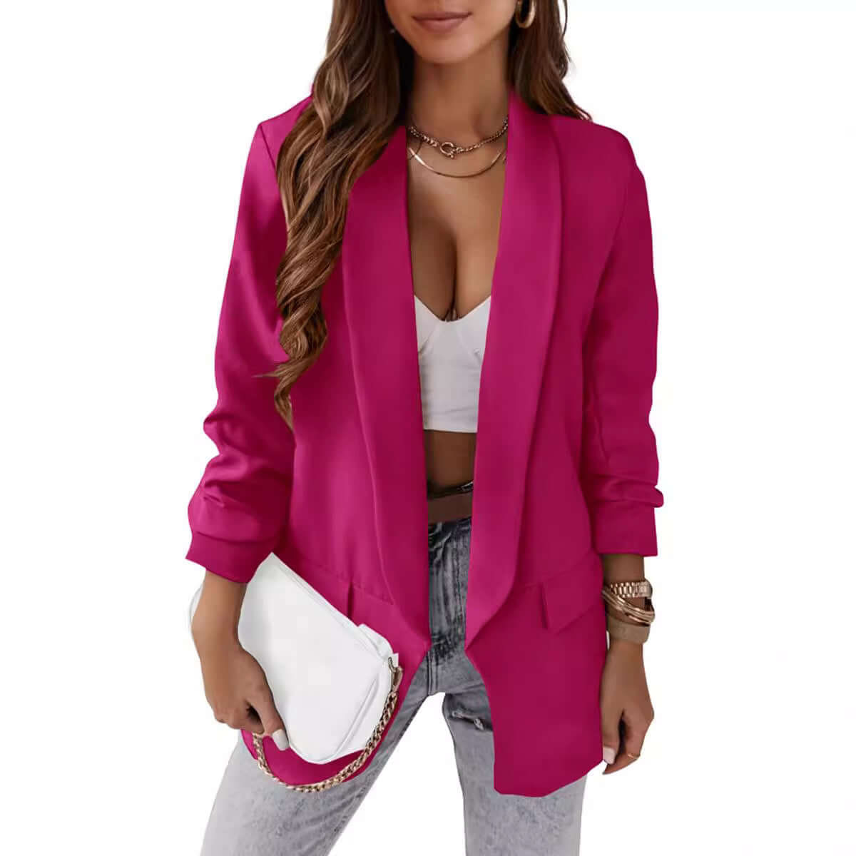 Temperament Professional Slim Fit Small Suit Jacket in vibrant pink worn with casual outfit.