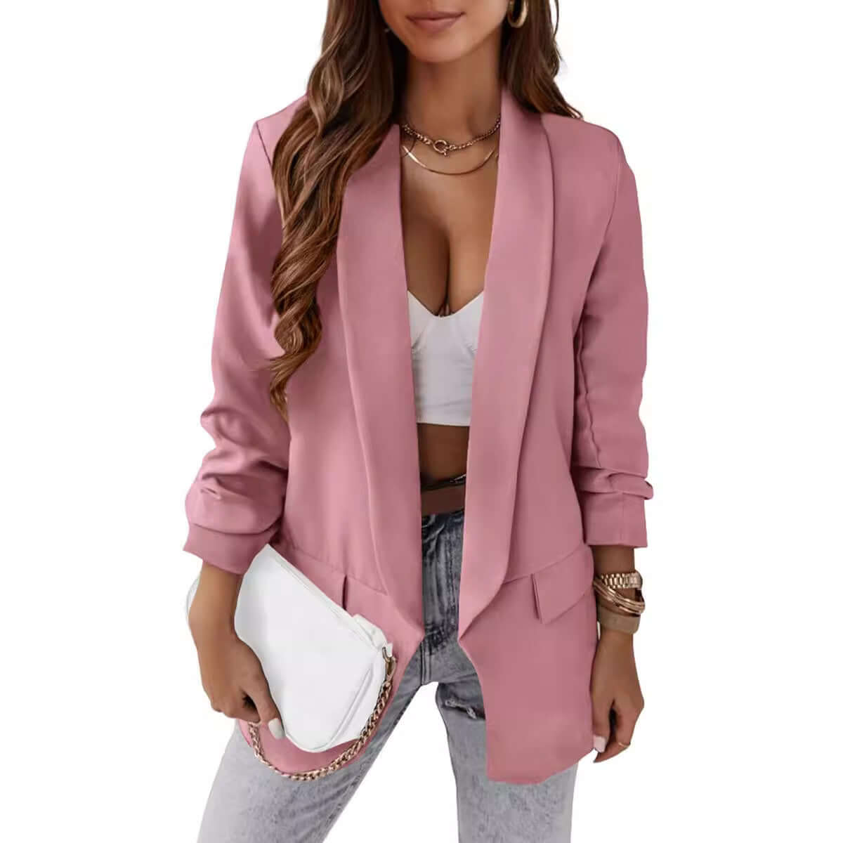 Temperament Professional Slim Fit Small Suit Jacket in pink with elegant style, perfect for slim fit and temperament commute.
