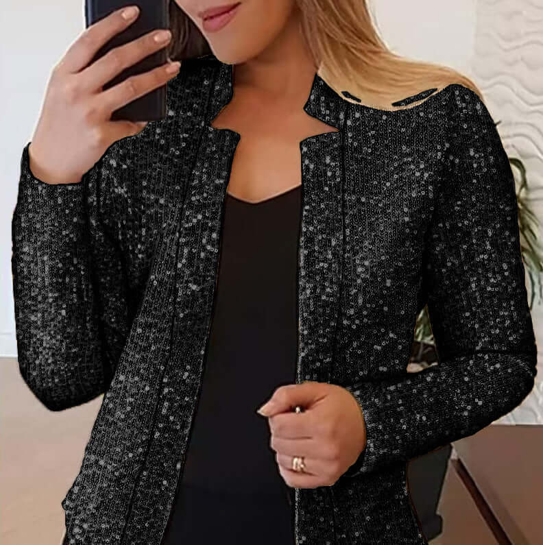 Women's Gold Color-blocking Sequin Short Chic - Black sequin jacket with long sleeves, slim fit style, perfect for nights out.