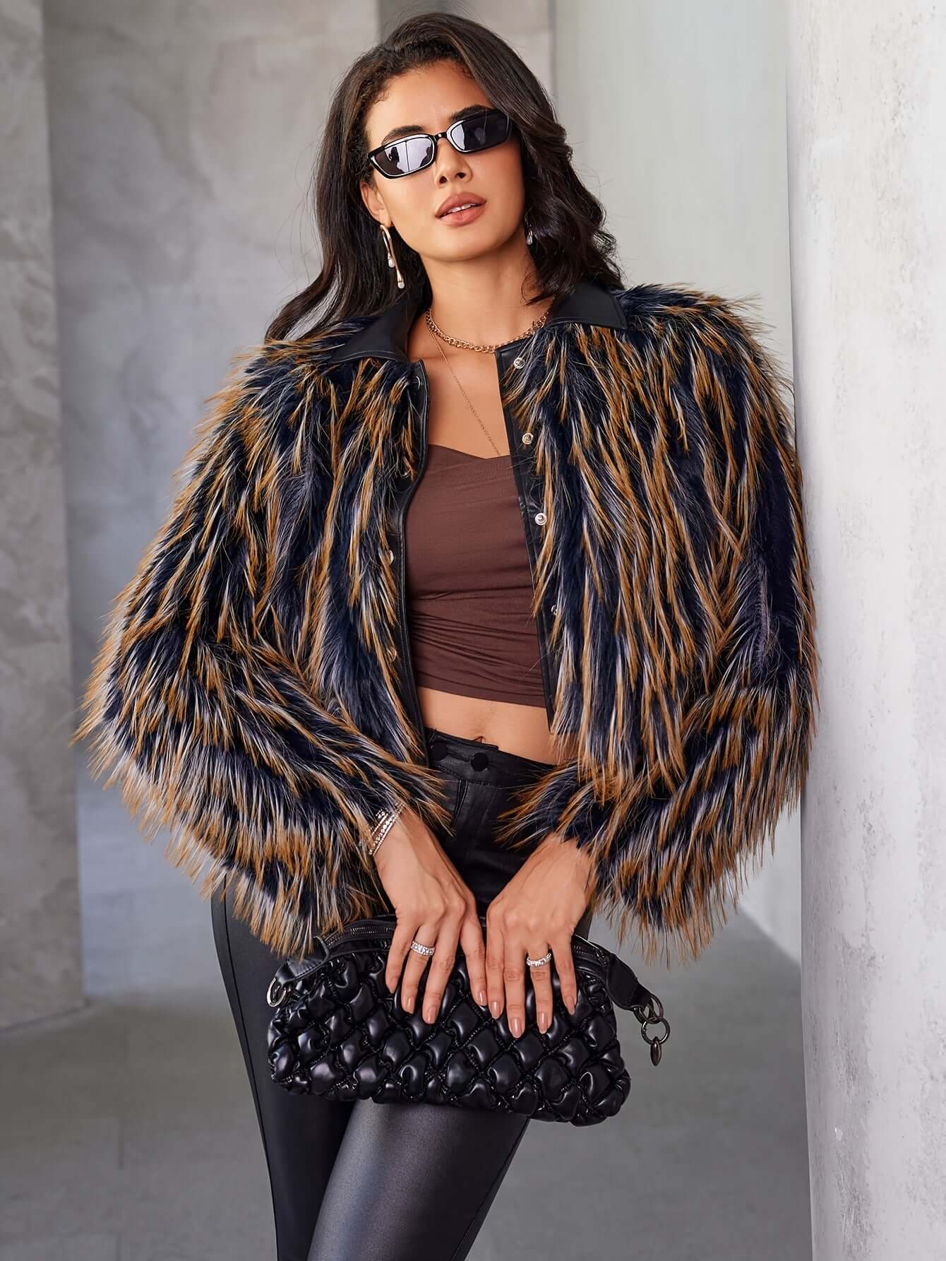Women's Fur Coat Winter Warm Contrast Color featuring stylish fur design and modern accessories.