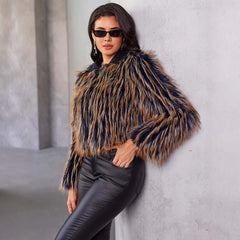 Women's Fur Coat Winter Warm Contrast Color showcased on model wearing sunglasses and stylish pants.