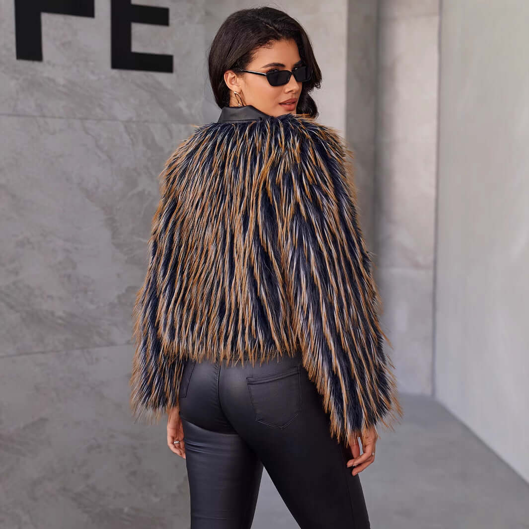 Women's Fur Coat Winter Warm Contrast Color featuring navy blue and brown fur, styled for winter fashion.