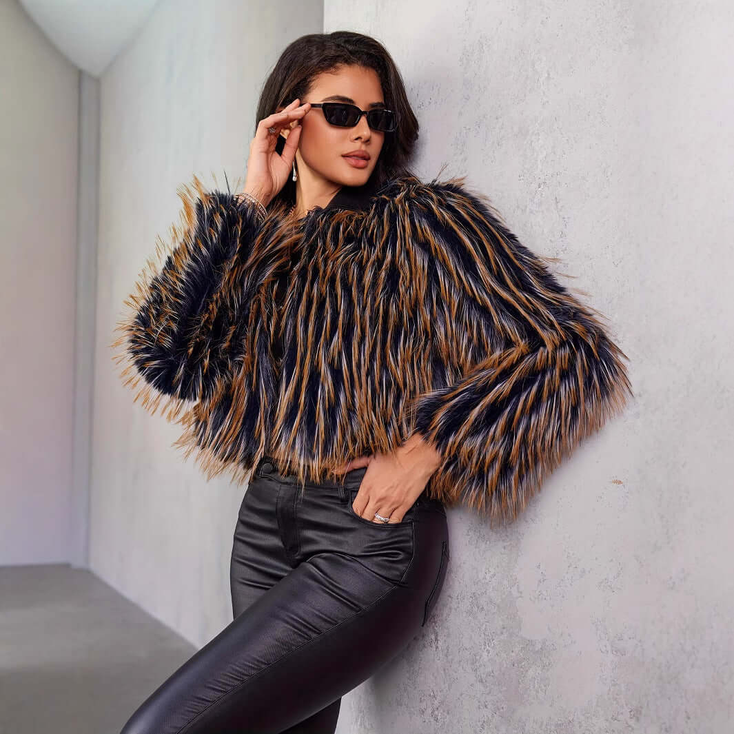 Women's Fur Coat Winter Warm Contrast Color featuring vibrant navy blue and orange hues.