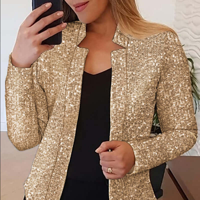 Women's Gold Color-blocking Sequin Short Chic featuring champagne and silver colors, slim fit, and long sleeves.