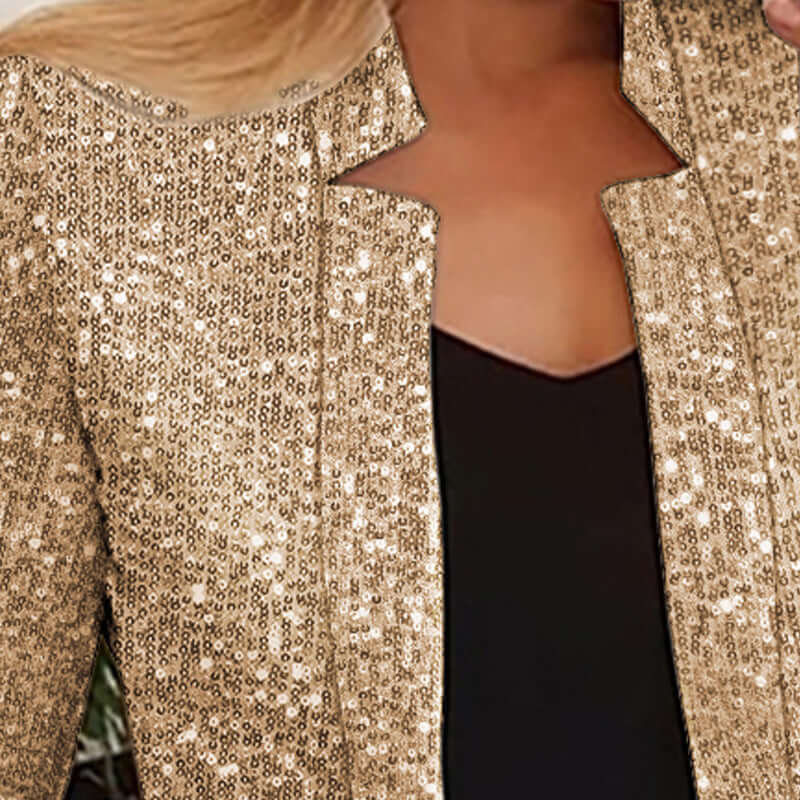 Women's Gold Color-blocking Sequin Short Chic featuring a sequined champagne jacket.